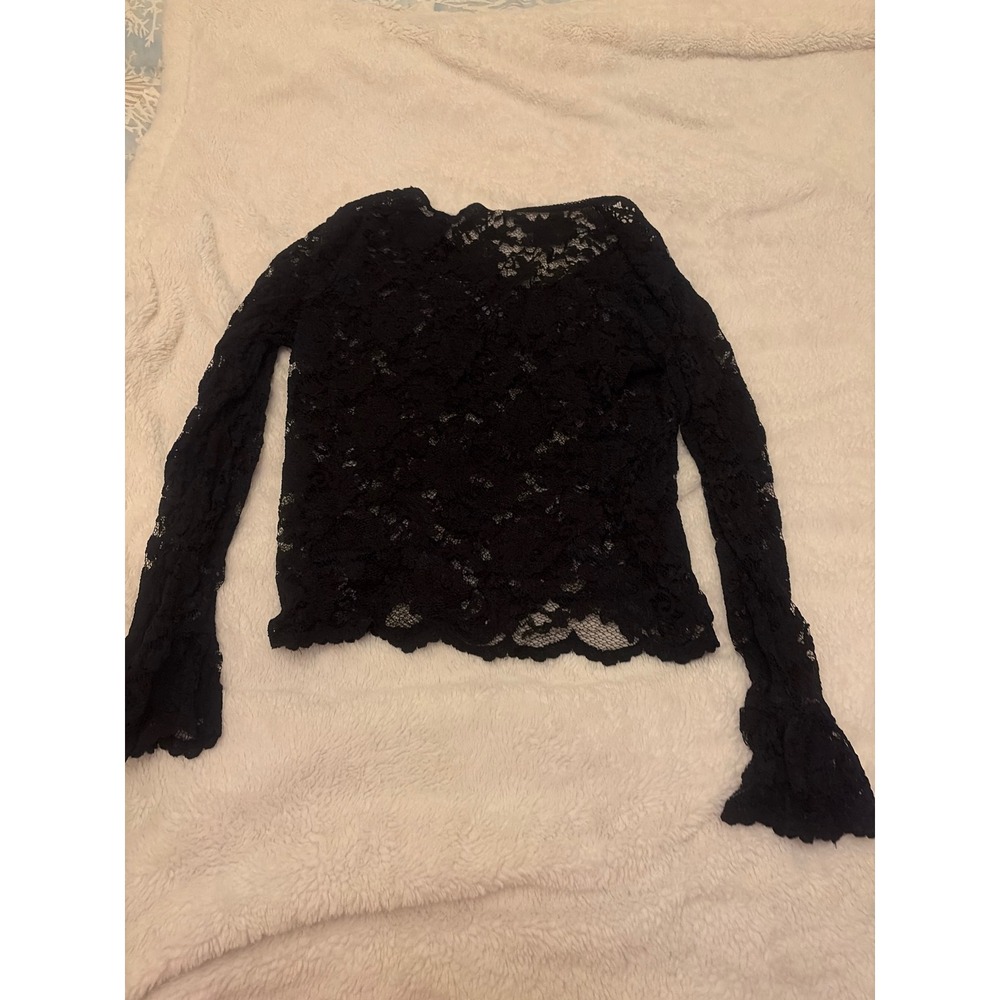 Witchy cottagecore Moda International Black Floral Lace Top Long Bell Sleeve XL